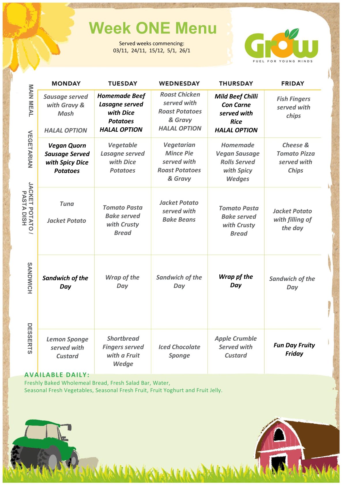 Week 1 November lunch menu
